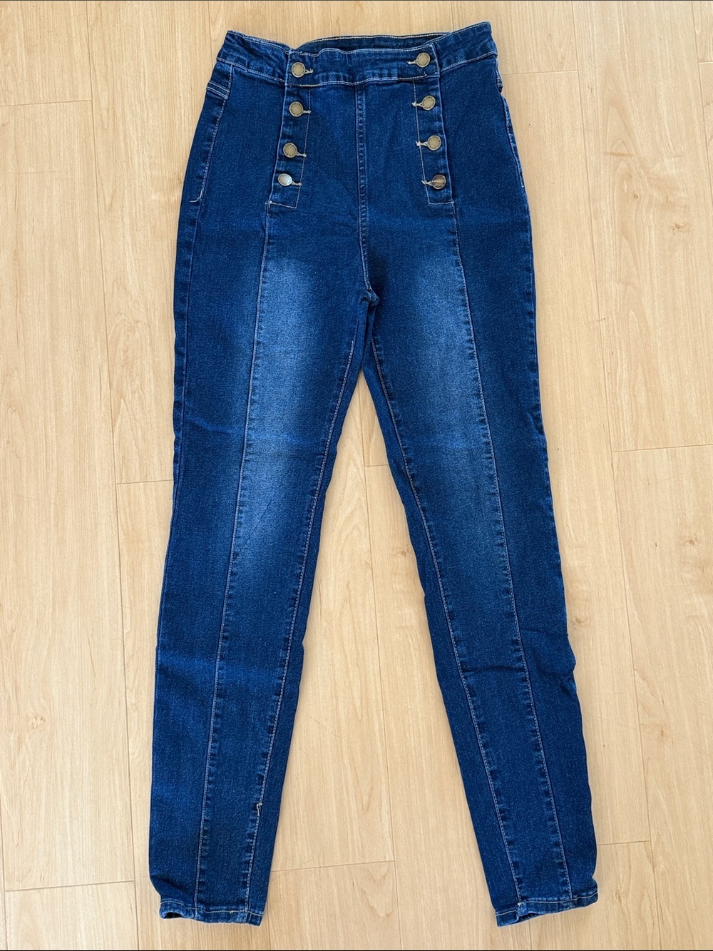 WOMENS HIGH WAIST BUTTON FRONT DARK WASH SKINNY JEANS SIZE 29 EVERYDAY STYLE - Picture 2 of 12